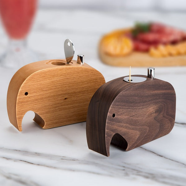 Push-To-Dispense Solid Wood Elephant Toothpick Holder